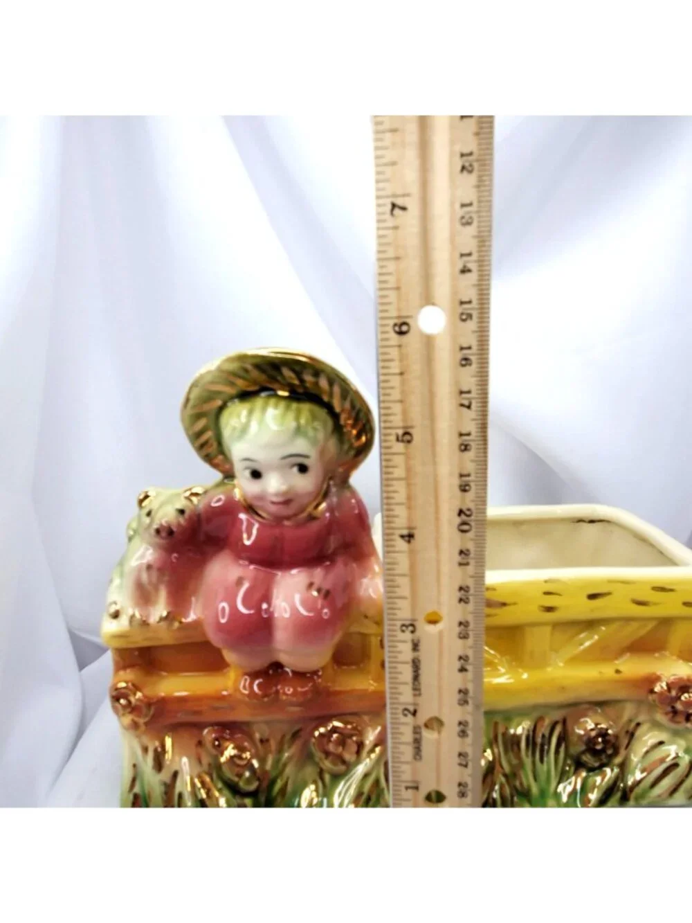 Vintage Hull Art Pottery Planter: Child on Fence with Dog, 1950s MCM Novelty #87